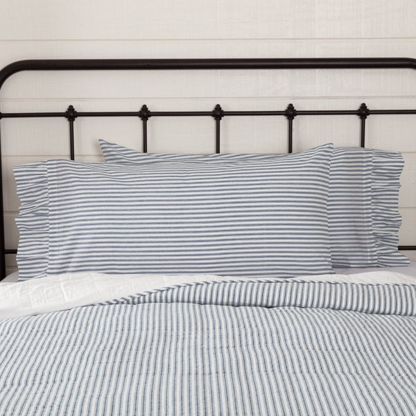 Sawyer Mill Blue Ticking Stripe King Pillow Case Set of 2 21x40 features repeating denim blue ticking stripes on a soft white base, with a ruffled edge.