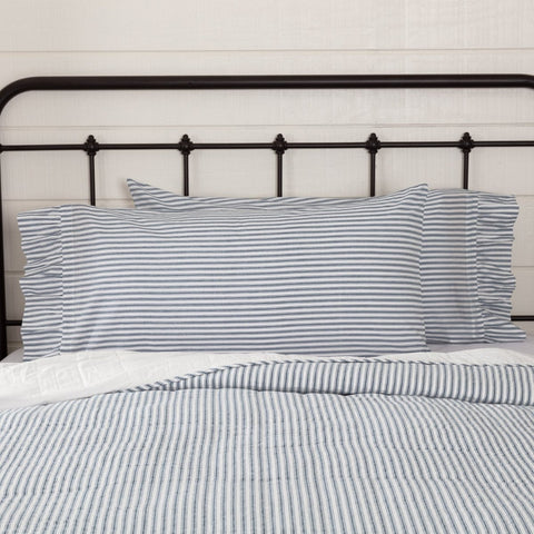Sawyer Mill Blue Ticking Stripe King Pillow Case Set of 2 21x40 features repeating denim blue ticking stripes on a soft white base, with a ruffled edge.