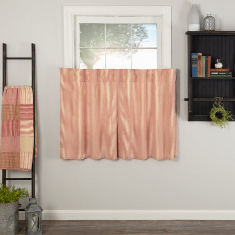 Sawyer Mill Red Ticking Stripe Tier Set of 2 L36xW36 featuring repeating, red ticking stripes woven into dark creme cotton base. Primitive Country Farmhouse Window Treatments Curtains Home Decor.