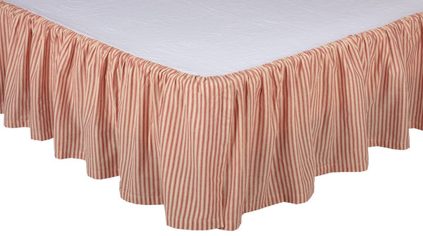 Sawyer Mill Red Ticking Stripe Queen Bed Skirt 60x80x16 featuring repeating red ticking stripes woven onto dark cream fabric. Primitive Country Farmhouse Window Treatments Curtains Home Decor.