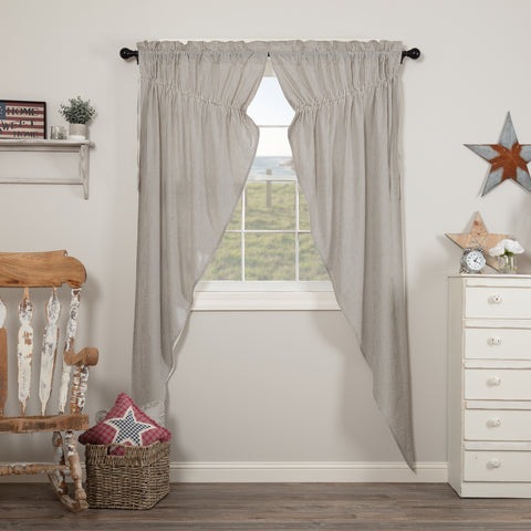 Hatteras Seersucker Blue Ticking Stripe Prairie Long Panel Set of 2 84x36x18, denim blue on cotton white give a vintage "worn" look of faded jeans, matched with classic ticking stripes to add visual appeal. Primitive Country Farmhouse Window Treatments Curtains Home Decor.