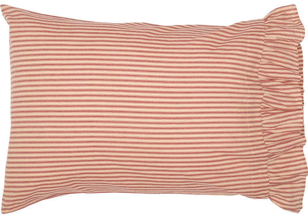 Sawyer Mill Red Ticking Stripe Standard Pillow Case Set of 2 21x30 features repeating country red ticking stripes on a dark tan base. Primitive Country Farmhouse Bedding Home Decor.