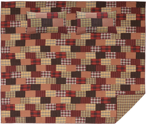 Wyatt California King Quilt Set; 1 Quilt and 2 Shams, crimson, khaki, and dark brown plaid and stripes, Rustic, lodge, primitive country farmhouse quilted bedding home decor.