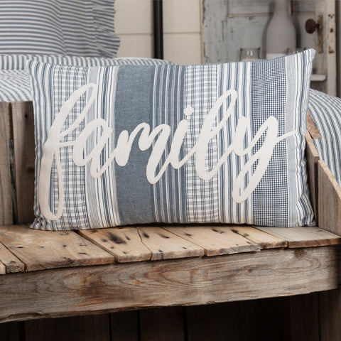 Sawyer Mill Blue Family Pillow 14x22, alternating denim blue, soft white fabrics containing the word "Family" appliqued in matching white felt, Primitive Country Farmhouse Bedding Home Decor.