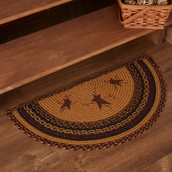 Heritage Farms Star and Pip Jute Half Circle Rug 16.5x33, primitive stars among pip berry garland,  raven black, burgundy, and mustard tan.