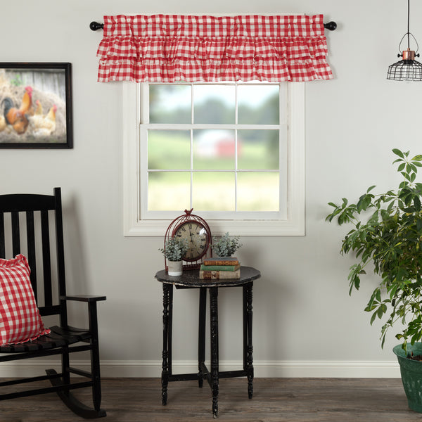 Annie Buffalo Red Check Ruffled Valance 16x60, large scale checks, Country Red, Antique Creme, Primitive Country Farmhouse Window Treatments Curtains Home Decor.