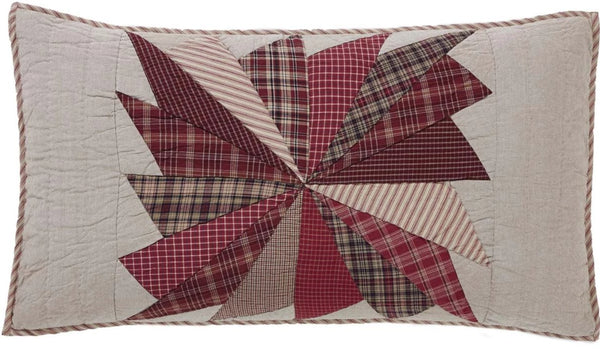 Ozark King Sham 21x37, pinwheel design with rich barn red, beige, black plaid, solid, and stripes embodying a true rustic appeal.  Primitive Country Farmhouse Bedding Home Decor.