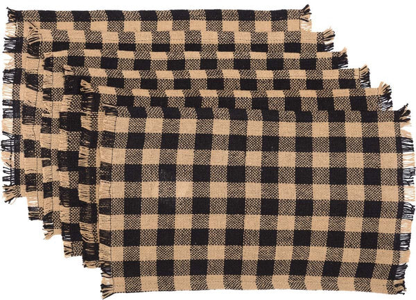 Burlap Black Check Placemat Fringed Set of 6 12x18, Primitive Country Farmhouse Black Tan Table Kitchen Dining