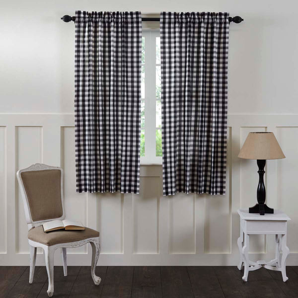Annie Buffalo Black Check Short Panel Set of 2 63x36, Primitive Country Farmhouse Window Treatments Curtains