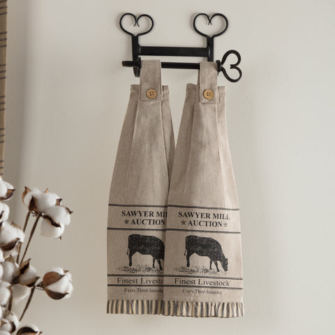 Sawyer Mill Charcoal Cow Button Loop Kitchen Towel Set of 2, Primitive Country Farmhouse Kitchen Decor