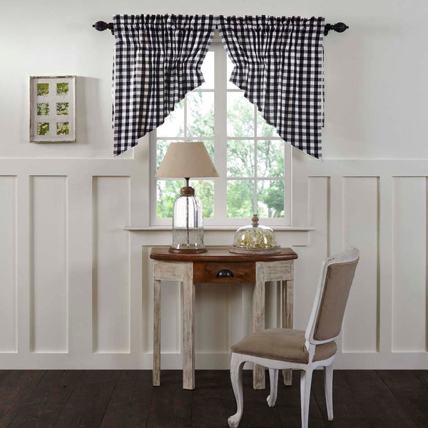Annie Buffalo Black Check Prairie Swag Set of 2 36x36x18, Primitive Country Farmhouse Window Treatments Curtains