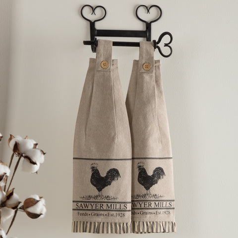 Sawyer Mill Charcoal Poultry Button Loop Kitchen Towel Set of 2, Farmhouse Country Primitive Kitchen Decor Chicken