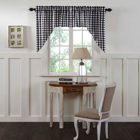 Annie Buffalo Black Check Swag Set of 2 36x36x16, Primitive Country Farmhouse Window Treatments Curtains