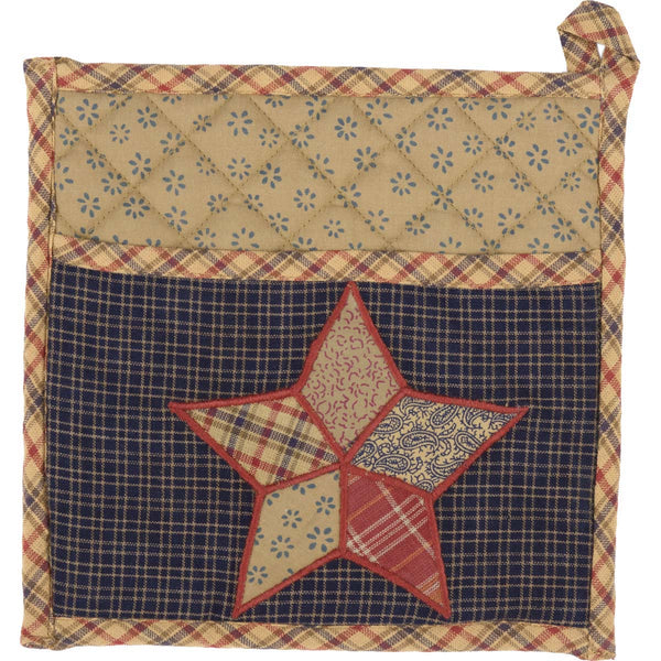 Arlington Pot Holder with Pocket & Patchwork Star 8x8,navy, barn red, tan, Primitive Country Farmhouse Table Kitchen