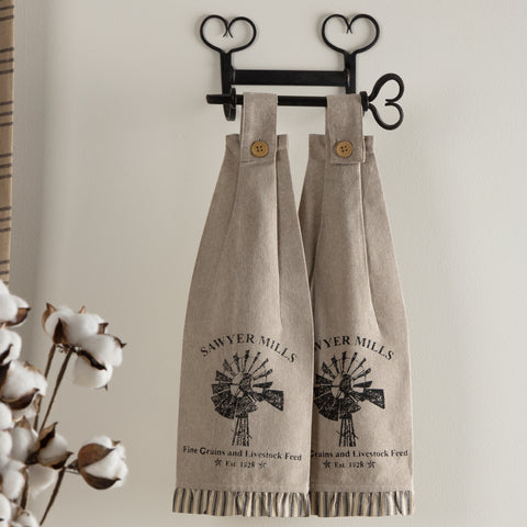 Sawyer Mill Charcoal Windmill Button Loop Kitchen Towel Set of 2, Primitive Country Farmhouse Table Kitchen Decor