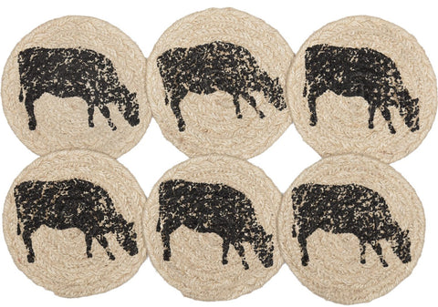 Sawyer Mill Charcoal Cow Jute Coaster Set of 6, Farmhouse Country Primitive Table Decor