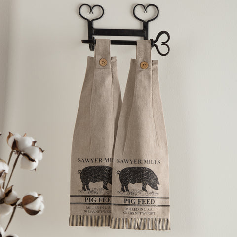 Sawyer Mill Charcoal Pig Button Loop Kitchen Towel Set of 2