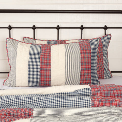 Hatteras Patch King Sham 21x37, Seersucker fabric in classic patchwork are united in American red, cotton white, and denim blue - all pieced together in a mix of square and rectangular patchwork. Primitive Country Farmhouse Bedding Home Decor.