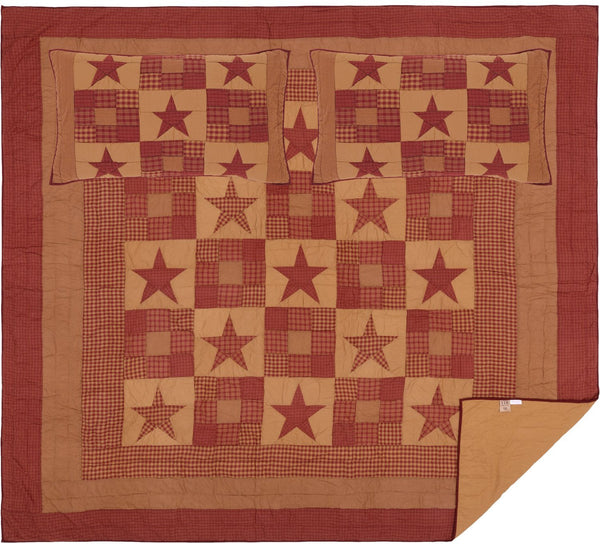 Ninepatch Star King Quilt Set; 1 Quilt and 2 Shams burgundy and dark tan check and plaid blocks with an array of country plaid stars, Primitive Country Farmhouse Quilted Bedding Home Decor