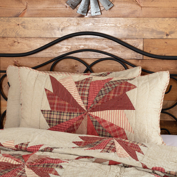 Ozark King Sham 21x37, pinwheel design with rich barn red, beige, black plaid, solid, and stripes embodying a true rustic appeal.  Primitive Country Farmhouse Bedding Home Decor.