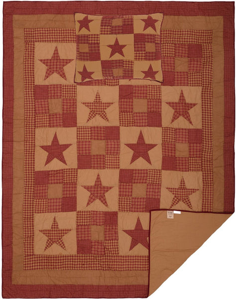 Ninepatch Star Twin Quilt Set; 1 Quilt and 1 Sham,  burgundy and dark tan check and plaid blocks with an array of country plaid stars, Primitive Country Farmhouse Quilted Bedding Home Decor.