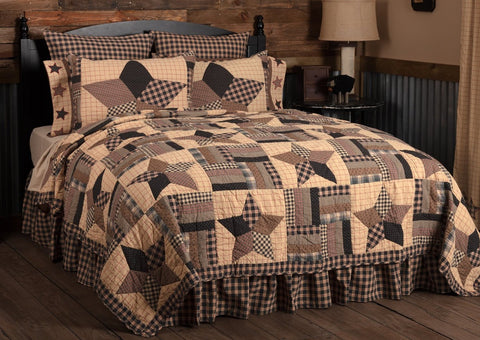 The Bingham Star California King Quilt 130Wx115L. Alternating large 5-point star and confetti strip blocks on various soft black, khaki, and red plaid, check and printed fabrics. Primitive Country Farmhouse Quilted Bedding Home Decor.
