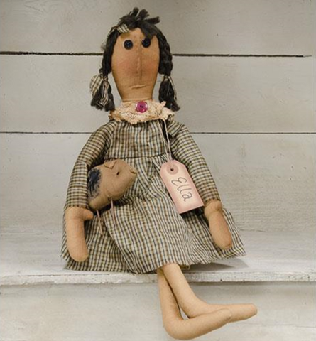 Ella Doll is a country doll that wears a gingham dress with lace accent and carries a little stuffed pig. She has black yarn hair with gingham ribbons and measures 17½" tall.  Visit website for FREE s/h & discount offers. Primitive Country Farmhouse Vintage Rustic Home Decor Accessories.