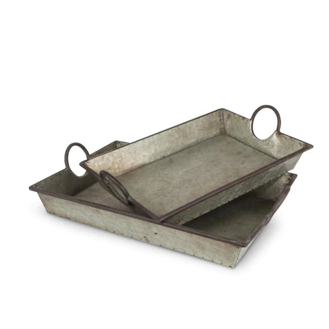 Rectangle Nesting Galvanized Metal Trays. trays measure 21.26-inch-by-14.57-inch-by-4.33-inch and 19.09-inch-by-14.5-inch-by-4.75-inch. See website for free shipping. Primitive Country Farmhouse Home Decor.