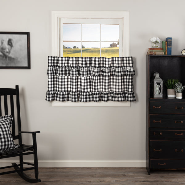 Annie Buffalo Black Check Ruffled Tier Set of 2 L24xW36, large scale black and white checks, Primitive Country Farmhouse Window Treatments Curtains Home Decor.