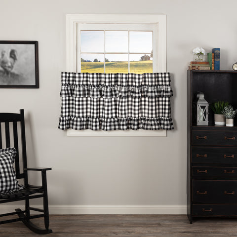 Annie Buffalo Black Check Ruffled Tier Set of 2 L24xW36, large scale black and white checks, Primitive Country Farmhouse Window Treatments Curtains Home Decor.