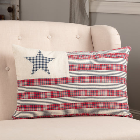 Hatteras Flag Pillow 14x22, use a premium cotton and linen blend to create a textured look for an updated look to classic American decorative tradition.  Seesucker fabric in American red, cotton white, and denim blue. Primitive Country Farmhouse Bedding Home Decor.