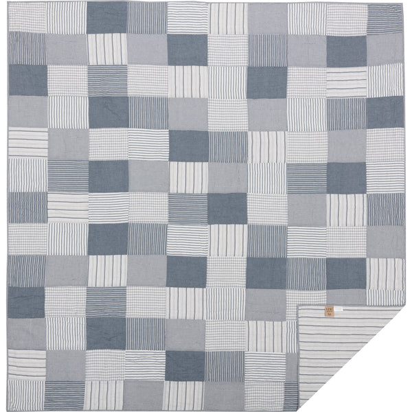 Sawyer Mill Blue Queen Quilt 90Wx90L, simple block pattern in various plaid and stripes work perfectly to set a Farmhouse mood, Denim Blue, Soft White. Primitive Country Farmhouse bedding Home Decor.
