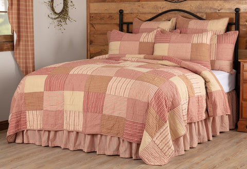 Sawyer Mill Red Queen Quilt 90Wx90L, simple block pattern in various plaid and stripes work perfectly to set a Farmhouse mood for the bedroom. This cozy quilt is Country Red, Dark Tan, Dark Creme. Primitive Country Farmhouse Bedding Home Decor.