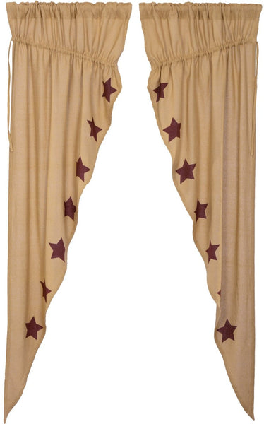 Burlap W/Burgundy Stencil Stars Prairie Long Panel Set of 2 84x36x18, Natural, Burgundy, Primitive Country Farmhouse Window Treatments Curtains Home Decor.