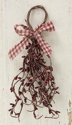 Wispy Teardrops are so simple and yet look elegant. Burgundy pip berries accented with a fabric bow, ready to add a primitive touch to your customers' home decor. Your customers will love the price best of all! Approximately 10" - 12" long.