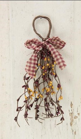 Wispy Teardrops are so simple and yet look elegant. Burgundy and Gold pip berries accented with a fabric bow, ready to add a primitive touch to your home decor. Approximately 10" - 12" long.