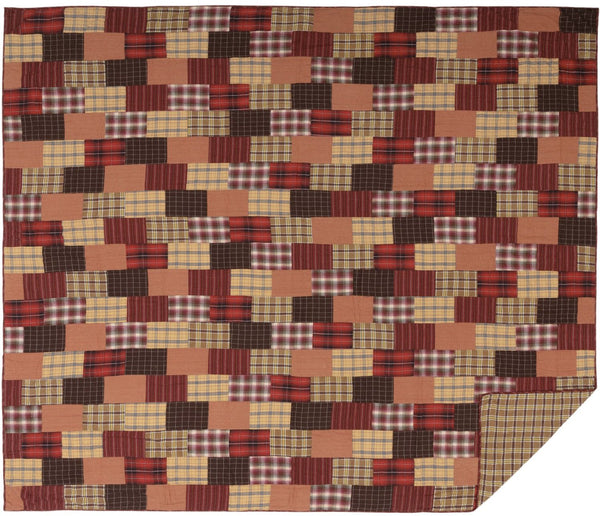 Wyatt California King Quilt 130Wx115L, Crimson, Khaki, Espresso plaid and stripes, Primitive country Farmhouse, rustic, lodge, quilted bedding home decor.