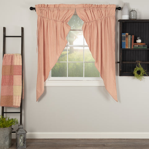 Sawyer Mill Red Ticking Stripe Prairie Short Panel Set of 2 63x36x18 features repeating country red ticking stripes woven onto a dark tan base. Primitive Country Farmhouse Window Treatments Curtains Home Decor.