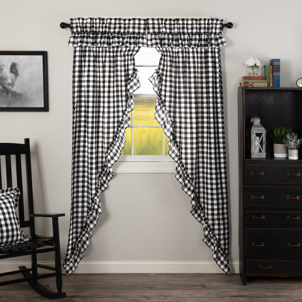 Annie Buffalo Black Check Ruffled Prairie Long Panel Set of 2 84x36x18, Country Black, Soft White, Primitive Country Farmhouse Windows Treatments Curtains Home Decor.