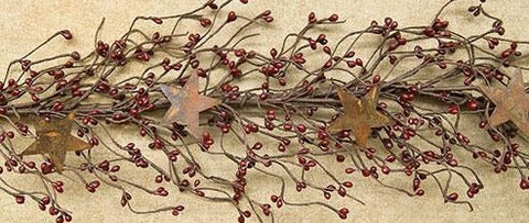 Burgundy Pip Garland With Stars is a dark and moody garland that is perfect for fall and winter decorating.  Garland is littered with burgundy-colored plaster pip berries and grungy metal stars with a rust-like finish and it can be fanned and fluffed for a fuller look.  It is perfect for draping over a mantel, filling a metal wall pocket, or cascading down a decorative ladder and it is easily embellished with twinkle lights for dramatic effect.  Measures 40" long.