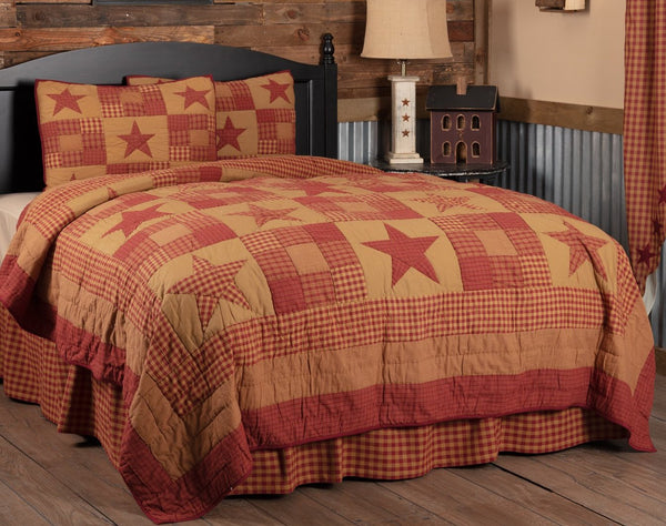 Ninepatch Star Queen Quilt Set; 1 Quilt and 2 Shams, burgundy and dark tan check and plaid blocks with an array of country plaid stars, Primitive Country Farmhouse Quilted Bedding Home Decor.