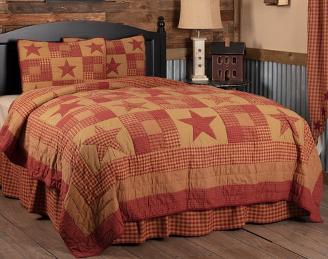 Ninepatch Star Queen Quilt Set; 1 Quilt and 2 Shams, burgundy and dark tan check and plaid blocks with an array of country plaid stars, Primitive Country Farmhouse Quilted Bedding Home Decor.