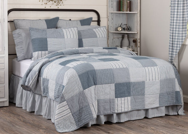 Sawyer Mill Blue Twin Quilt 68Wx86L, simple block pattern in various plaid and stripes, denim blue soft white fabric. Primitive Country Farmhouse Bedding Home Decor.