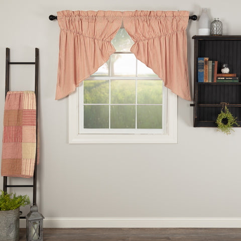 Sawyer Mill Red Ticking Stripe Prairie Swag Set of 2 36x36x18 features repeating country red ticking stripes woven onto a dark tan base. Primitive Country Farmhouse Window Treatments Curtains Home Decor.