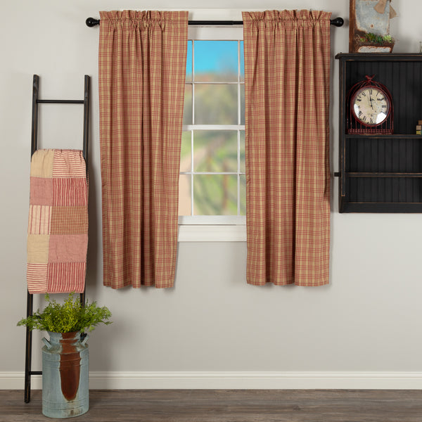 Bring a Farmhouse mood to your window with the Sawyer Mill Red Plaid Short Panel Set of 2 63x36. The base is a dark tan under a tasteful large scale country red plaid. Includes 2 matching tie backs.