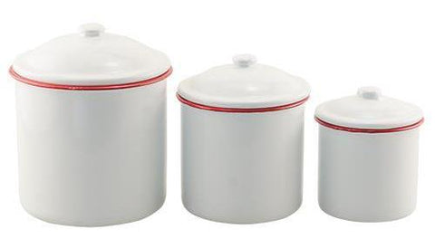 Red Rim Enamel Canisters, Set of 3, Primitive Country Farmhouse Home Kitchen Bath Window Decor and Accessories.
