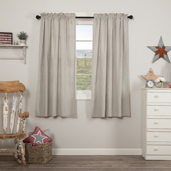 Hatteras Seersucker Blue Ticking Stripe Short Panel Set of 2 63x36, denim blue on cotton white give a vintage "worn" look of faded jeans, matched with classic ticking stripes to add visual appeal. Primitive Country Farmhouse Window Treatments Curtains Home Decor.