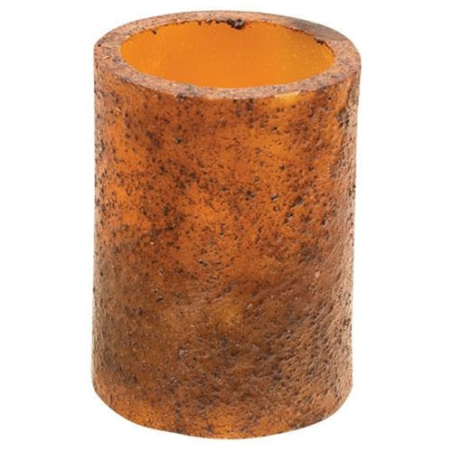 Timer Pillar - Burnt Mustard - 4x3  is a battery-operated candle with a grungy, burnt mustard wax coating. Primitive Country Farmhouse Home Decor.