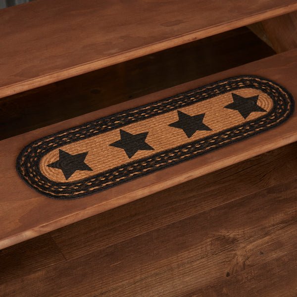 Farmhouse Jute Stair Tread Stencil Stars Oval Latex 8.5x27, Traditional 5-point are stenciled in black on natural tan braided jute. Primitive Country Farmhouse Home Decor.