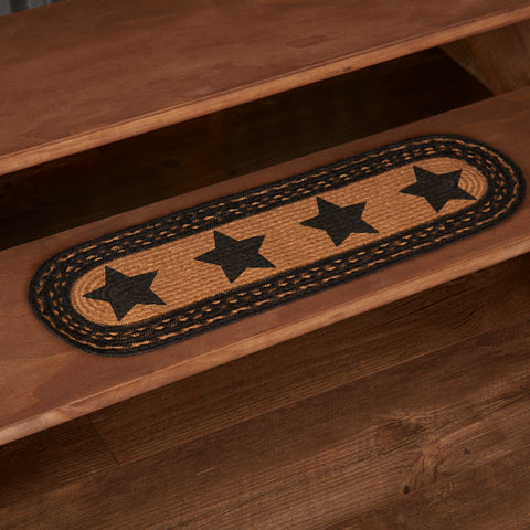 Farmhouse Jute Stair Tread Stencil Stars Oval Latex 8.5x27, Traditional 5-point are stenciled in black on natural tan braided jute. Primitive Country Farmhouse Home Decor.